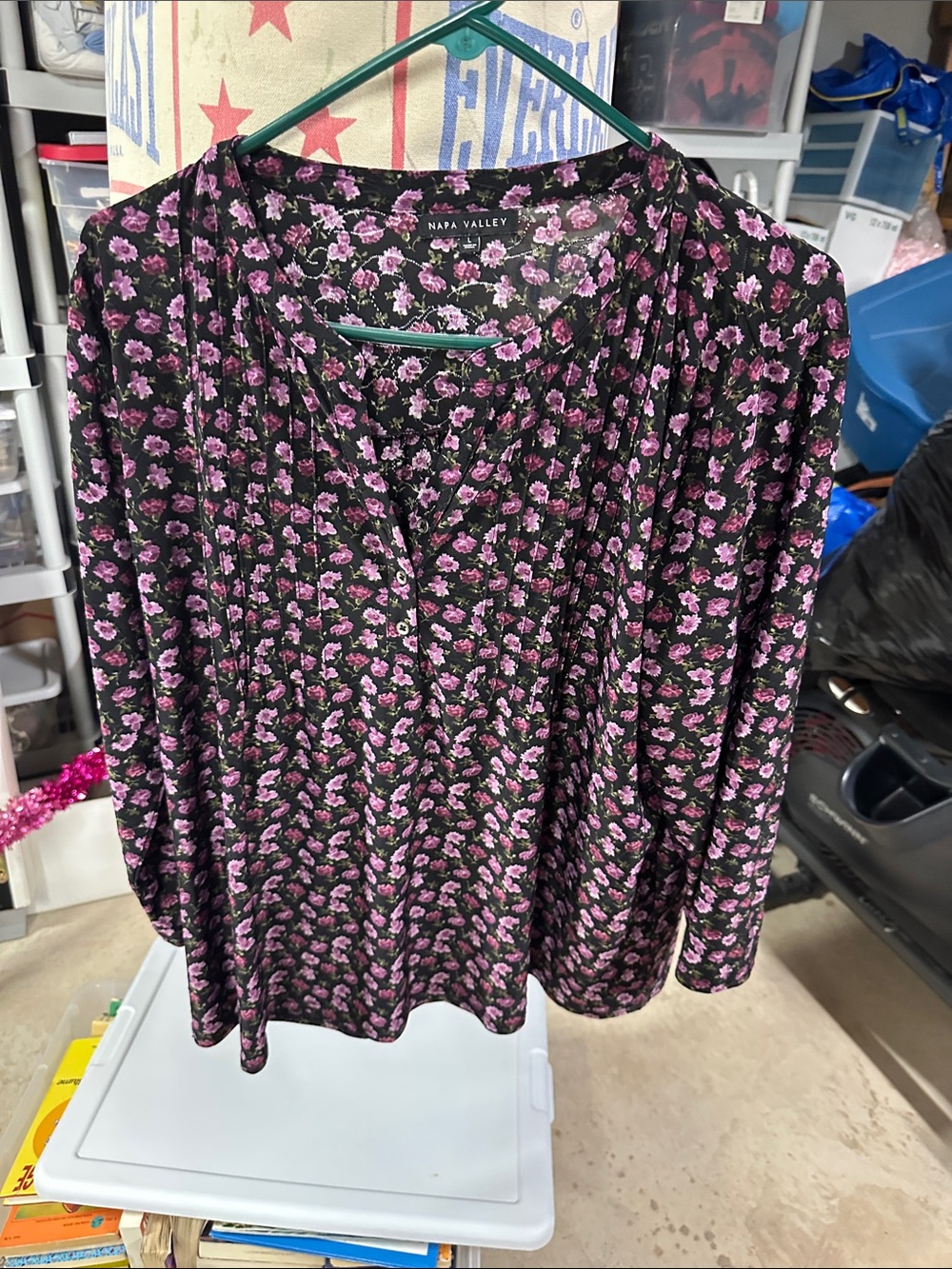 Worthington Black Blouse with Pink Floral Print